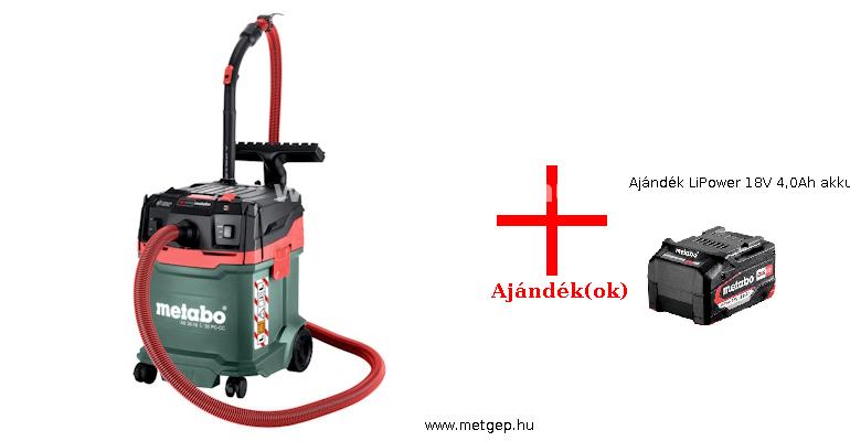 metabo as36-18l30pc-850 akkus ipari porszívó akku és töltő nélkül + ajándék lipower 18v 4,0ah akkumulátor - 602073850